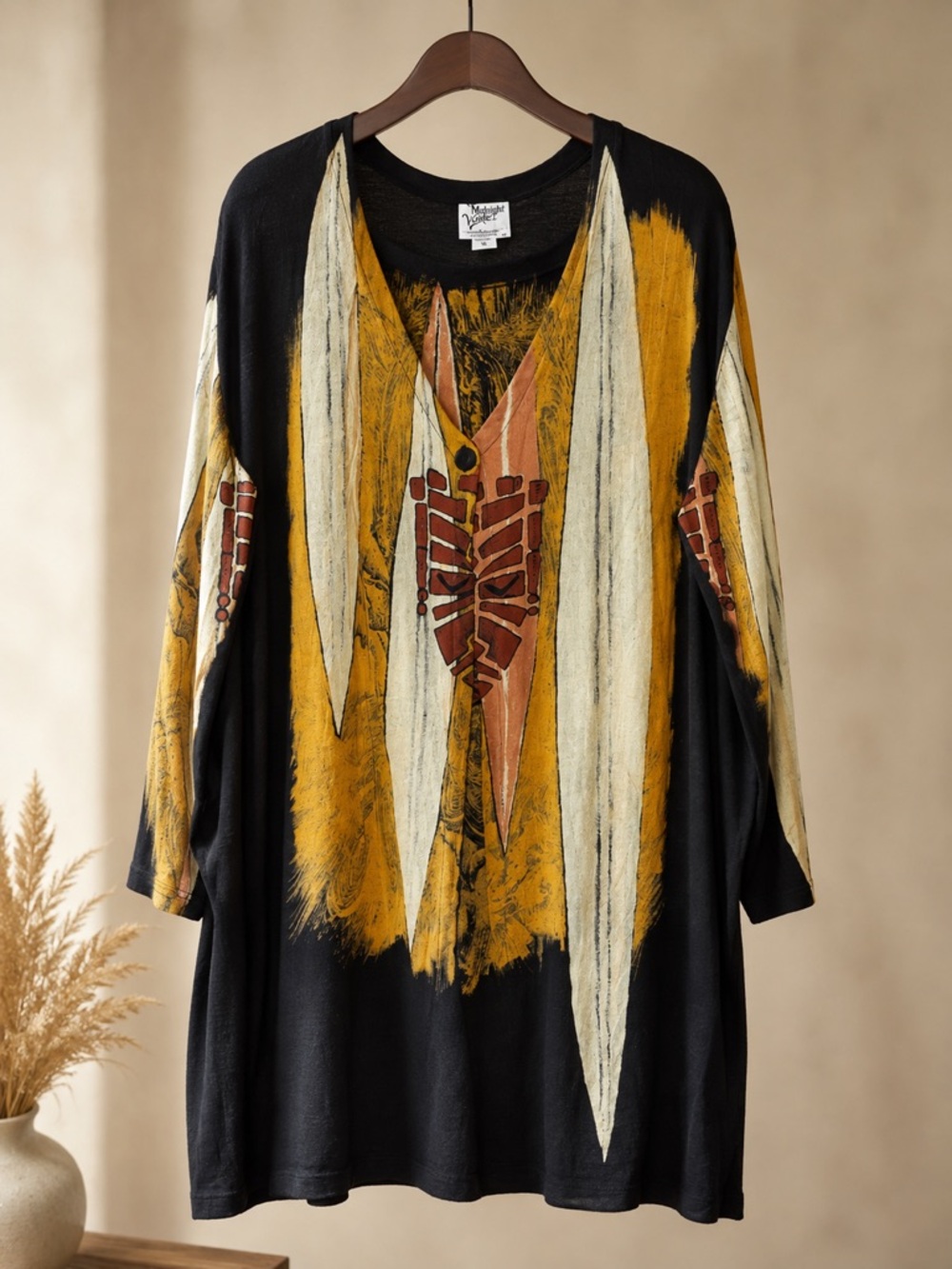 Vtg Midnight Velvet Abstract Tribal Geometric Cardigan Duster XL Artsy Boho